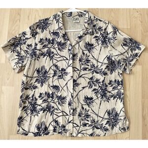 Vtg CLIO Women's L 100% Linen Top Button Up Blouse Floral Casual USA